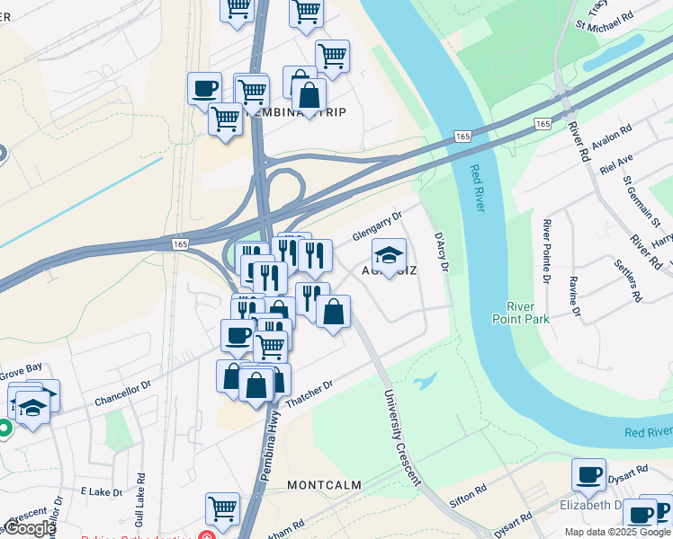 map of restaurants, bars, coffee shops, grocery stores, and more near 41 Agassiz Drive in Winnipeg