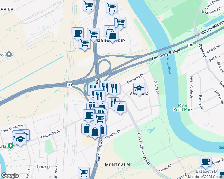 map of restaurants, bars, coffee shops, grocery stores, and more near 32 University Crescent in Winnipeg