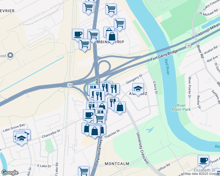 map of restaurants, bars, coffee shops, grocery stores, and more near 32 University Crescent in Winnipeg