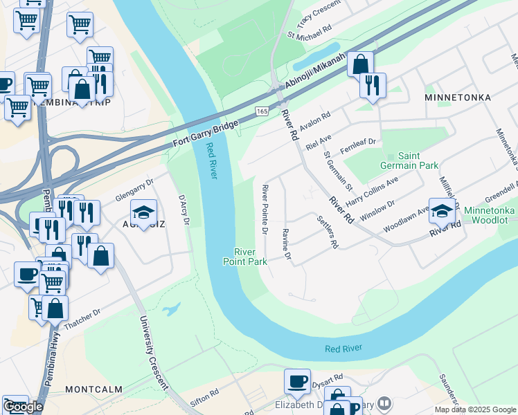 map of restaurants, bars, coffee shops, grocery stores, and more near 70 River Pointe Drive in Winnipeg