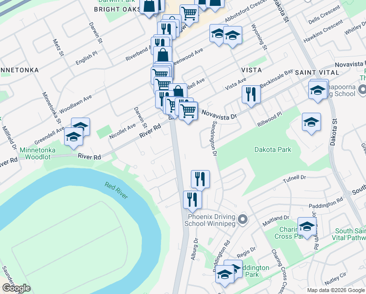 map of restaurants, bars, coffee shops, grocery stores, and more near 1639 Saint Mary's Road in Winnipeg