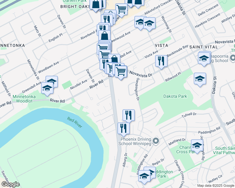 map of restaurants, bars, coffee shops, grocery stores, and more near 1639 Saint Mary's Road in Winnipeg