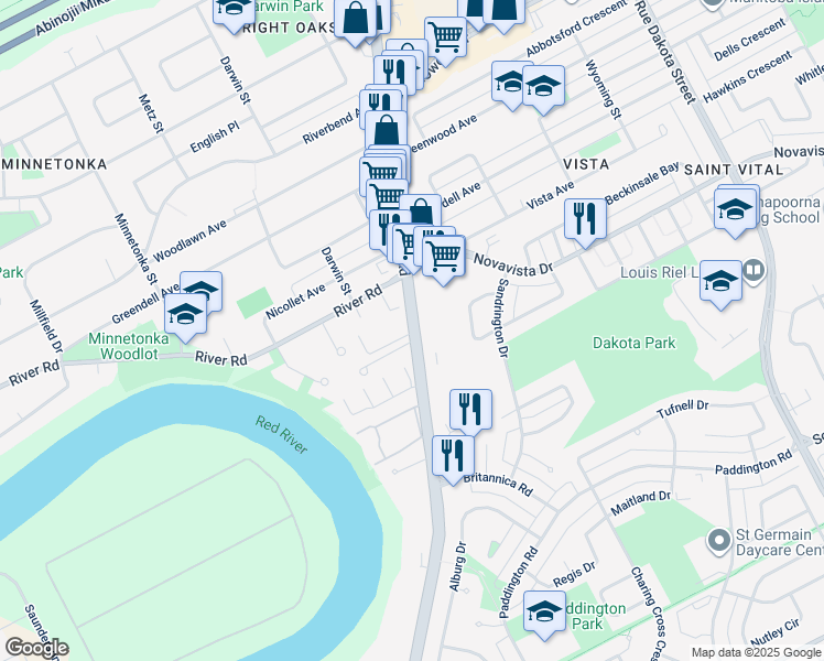 map of restaurants, bars, coffee shops, grocery stores, and more near 1670 St Mary's Rd in Winnipeg