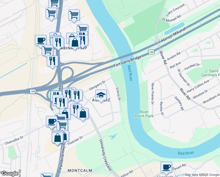 map of restaurants, bars, coffee shops, grocery stores, and more near 42 Thatcher Drive in Winnipeg