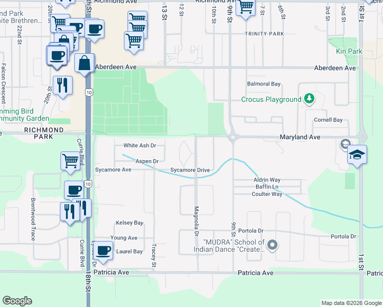 map of restaurants, bars, coffee shops, grocery stores, and more near Driedger Bay in Brandon