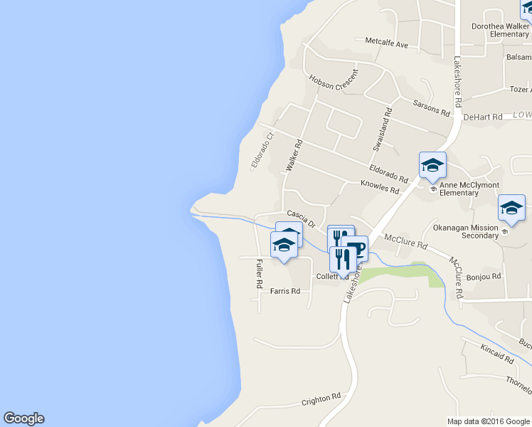 map of restaurants, bars, coffee shops, grocery stores, and more near 444 Cascia Drive in Kelowna