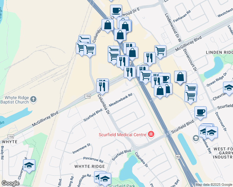map of restaurants, bars, coffee shops, grocery stores, and more near 2190 McGillivray Boulevard in Winnipeg