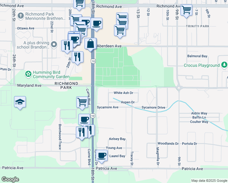 map of restaurants, bars, coffee shops, grocery stores, and more near 53 White Ash Drive in Brandon