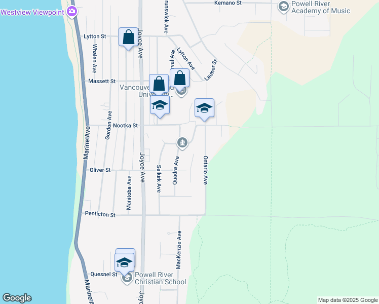 map of restaurants, bars, coffee shops, grocery stores, and more near 3847 Trail Place in Powell River
