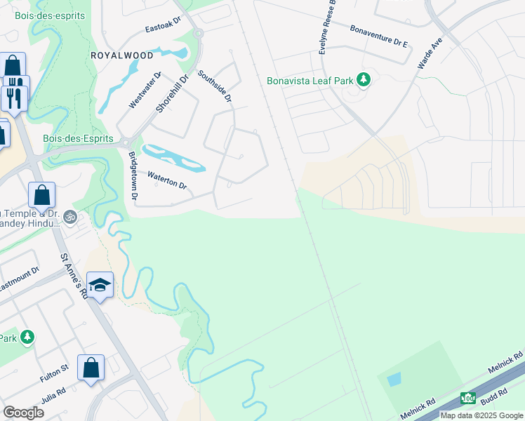 map of restaurants, bars, coffee shops, grocery stores, and more near 1290 Warde Avenue in Winnipeg