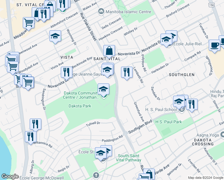 map of restaurants, bars, coffee shops, grocery stores, and more near 1168 Dakota Street in Winnipeg