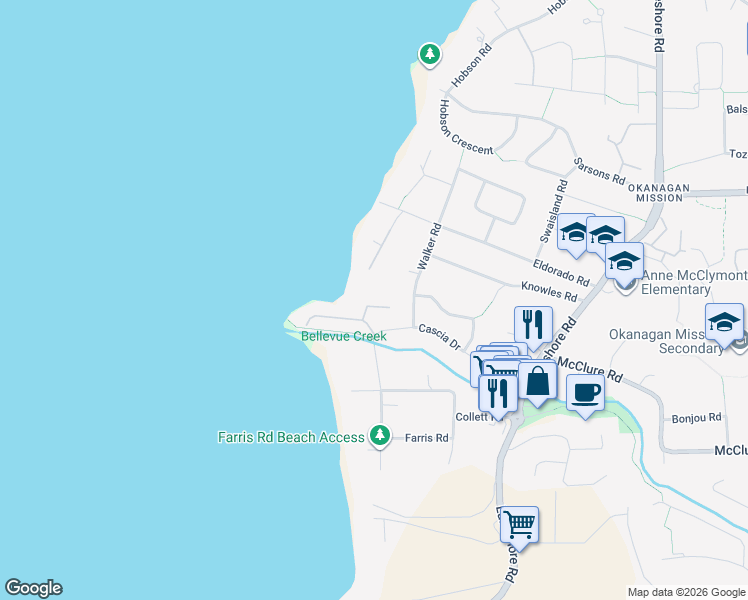 map of restaurants, bars, coffee shops, grocery stores, and more near 444 Cascia Drive in Kelowna