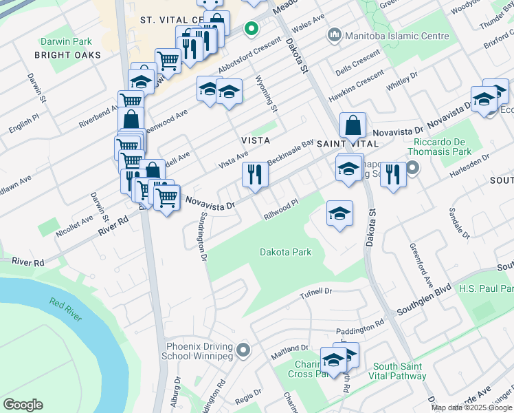 map of restaurants, bars, coffee shops, grocery stores, and more near 16 Rillwood Place in Winnipeg