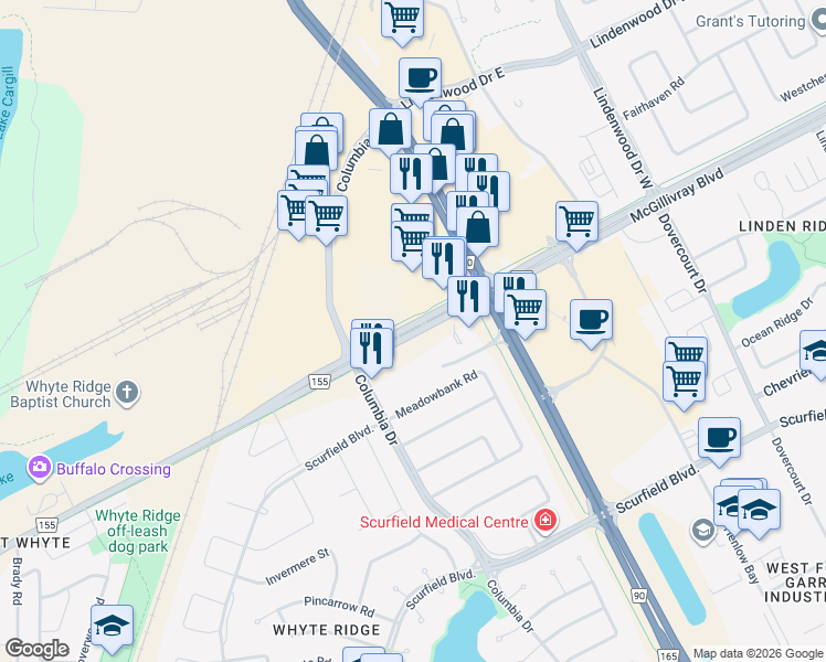 map of restaurants, bars, coffee shops, grocery stores, and more near 2218 McGillivray Boulevard in Winnipeg