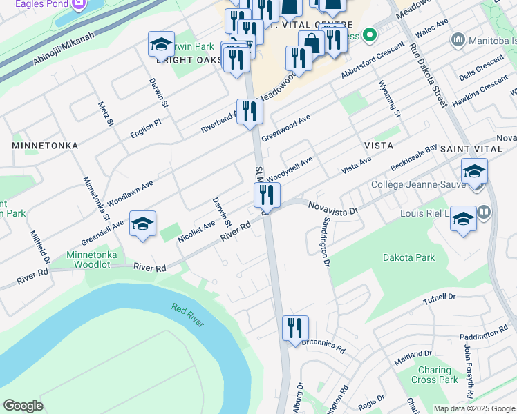map of restaurants, bars, coffee shops, grocery stores, and more near 5 Vista Avenue in Winnipeg