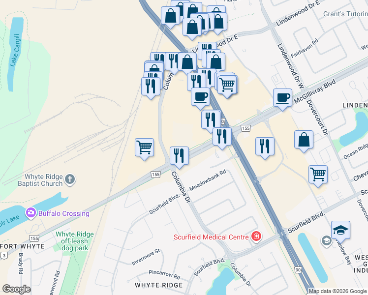 map of restaurants, bars, coffee shops, grocery stores, and more near 2202-2218 McGillivray Boulevard in Winnipeg