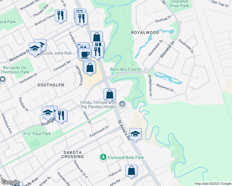 map of restaurants, bars, coffee shops, grocery stores, and more near 785 Saint Anne's Road in Winnipeg