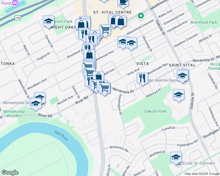 map of restaurants, bars, coffee shops, grocery stores, and more near 0 Novavista Drive in Winnipeg