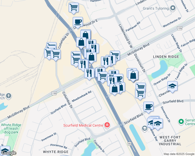 map of restaurants, bars, coffee shops, grocery stores, and more near Kenaston Boulevard in Winnipeg
