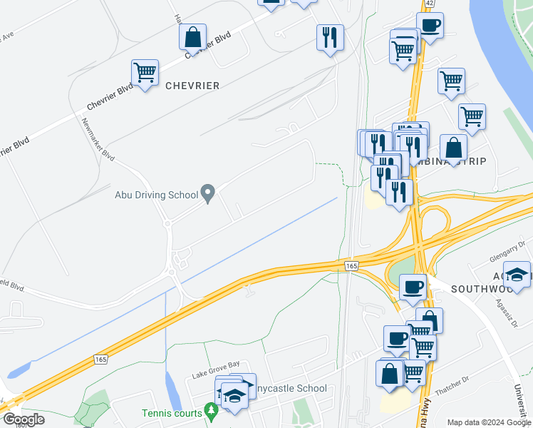 map of restaurants, bars, coffee shops, grocery stores, and more near Bishop Grandin Blvd in Winnipeg