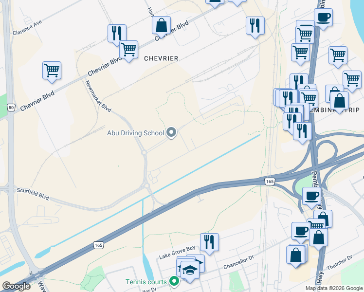 map of restaurants, bars, coffee shops, grocery stores, and more near 745 Ballantrae Drive in Winnipeg