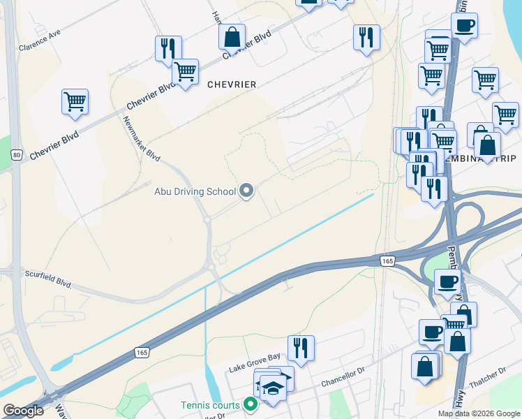 map of restaurants, bars, coffee shops, grocery stores, and more near 745 Ballantrae Drive in Winnipeg