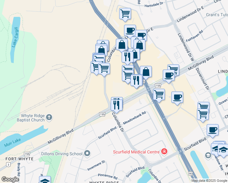 map of restaurants, bars, coffee shops, grocery stores, and more near Columbia Drive in Winnipeg