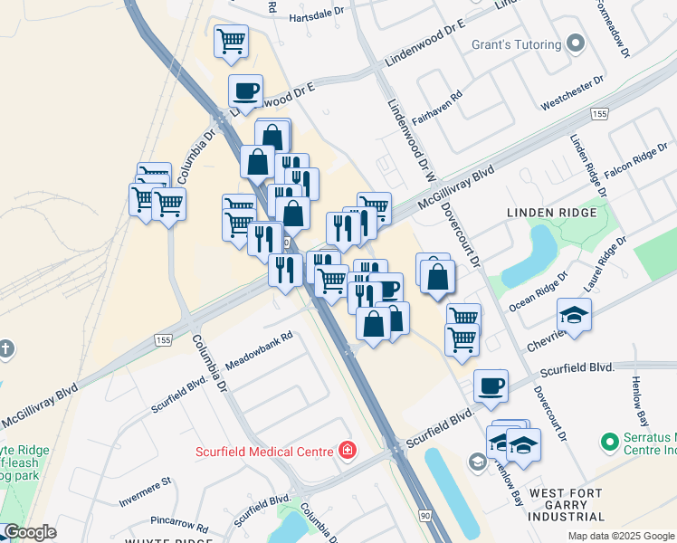 map of restaurants, bars, coffee shops, grocery stores, and more near 2100 McGillivray Boulevard in Winnipeg