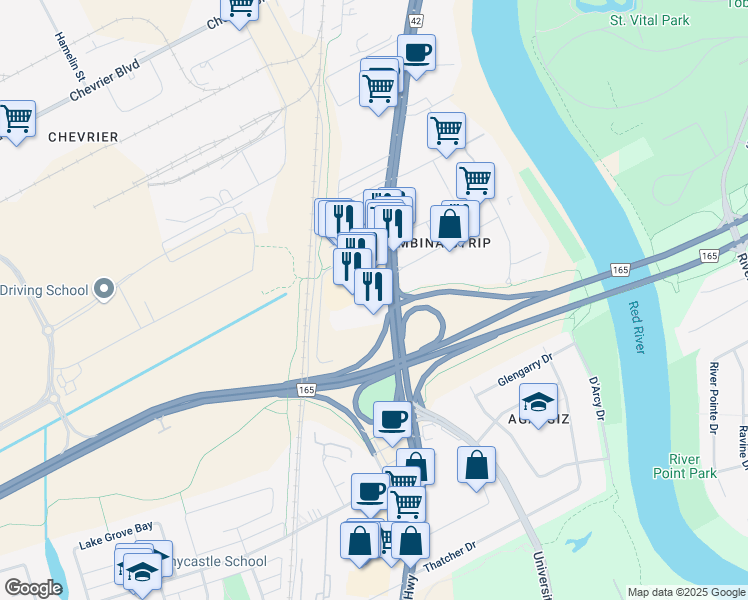 map of restaurants, bars, coffee shops, grocery stores, and more near 1921 Pembina Highway in Winnipeg