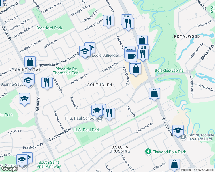 map of restaurants, bars, coffee shops, grocery stores, and more near 33 Silverdale Crescent in Winnipeg