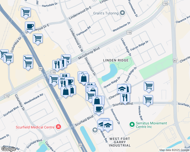 map of restaurants, bars, coffee shops, grocery stores, and more near 700 Dovercourt Drive in Winnipeg