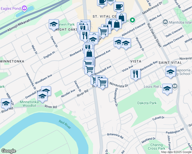 map of restaurants, bars, coffee shops, grocery stores, and more near 5 Vista Avenue in Winnipeg