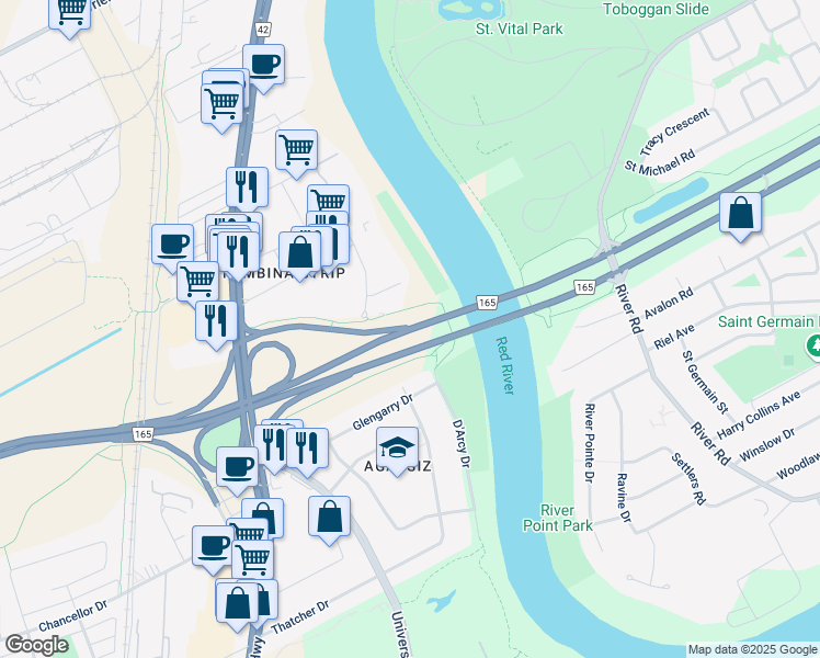 map of restaurants, bars, coffee shops, grocery stores, and more near Bishop Grandin Boulevard in Winnipeg