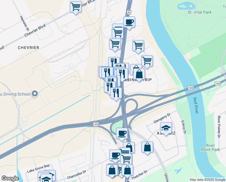 map of restaurants, bars, coffee shops, grocery stores, and more near 1921 Pembina Highway in Winnipeg