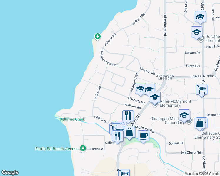 map of restaurants, bars, coffee shops, grocery stores, and more near 4485 Walker Road in Kelowna
