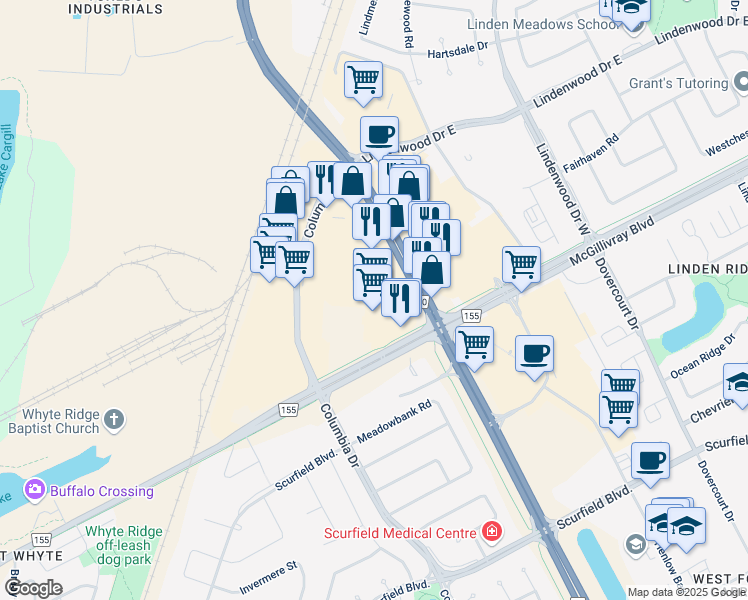 map of restaurants, bars, coffee shops, grocery stores, and more near 1650 Kenaston Boulevard in Winnipeg