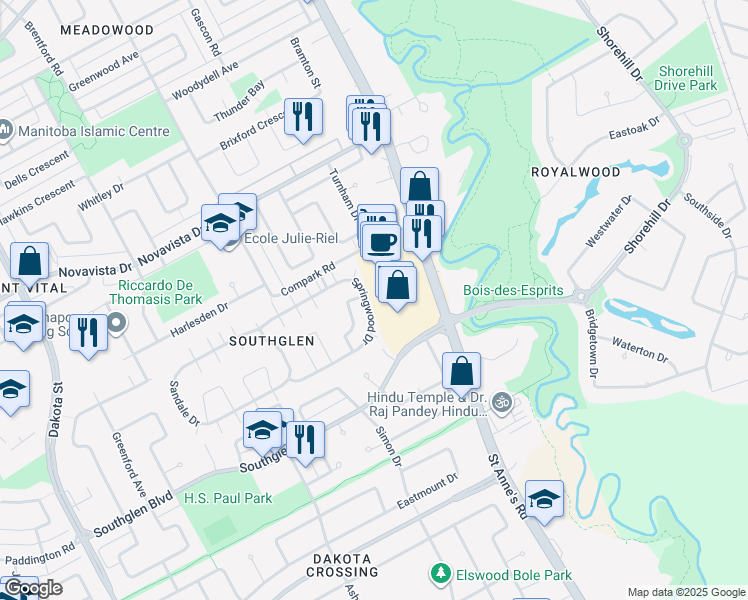 map of restaurants, bars, coffee shops, grocery stores, and more near 59 Springwood Drive in Winnipeg