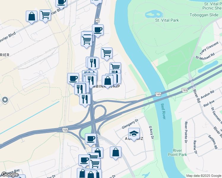 map of restaurants, bars, coffee shops, grocery stores, and more near in Winnipeg