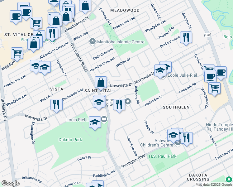 map of restaurants, bars, coffee shops, grocery stores, and more near 50 Hyatt Place in Winnipeg