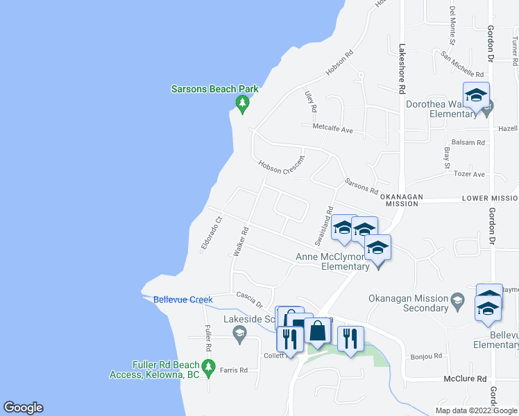 map of restaurants, bars, coffee shops, grocery stores, and more near 4485 Walker Road in Kelowna