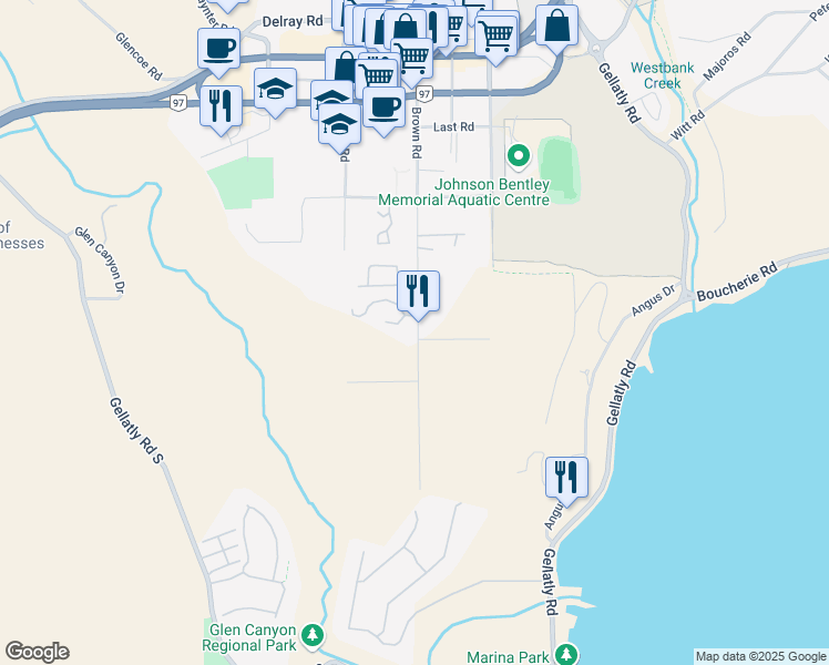 map of restaurants, bars, coffee shops, grocery stores, and more near 3898 Brown Road in West Kelowna