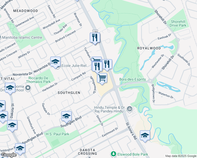 map of restaurants, bars, coffee shops, grocery stores, and more near 59 Springwood Dr in Winnipeg