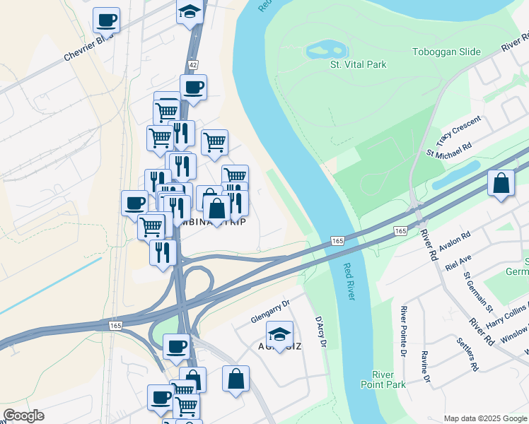 map of restaurants, bars, coffee shops, grocery stores, and more near 110 Plaza Drive in Winnipeg