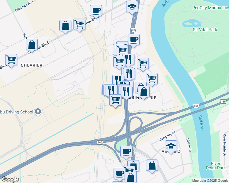 map of restaurants, bars, coffee shops, grocery stores, and more near in Winnipeg