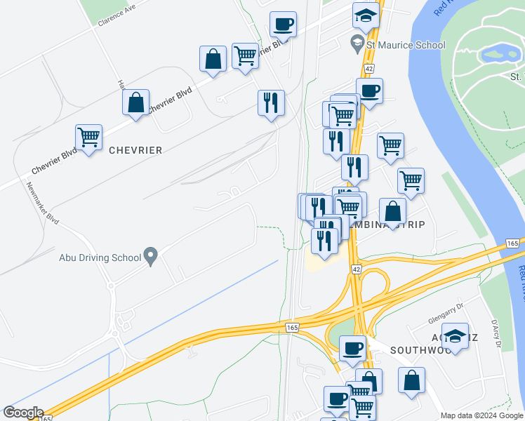map of restaurants, bars, coffee shops, grocery stores, and more near 555 Hervo St in Winnipeg