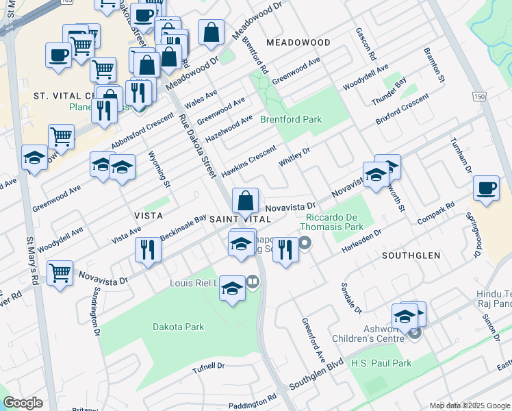 map of restaurants, bars, coffee shops, grocery stores, and more near 349 Novavista Drive in Winnipeg