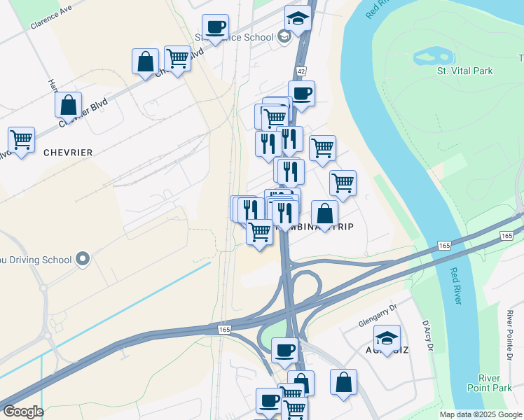 map of restaurants, bars, coffee shops, grocery stores, and more near 1833 Pembina Highway in Winnipeg