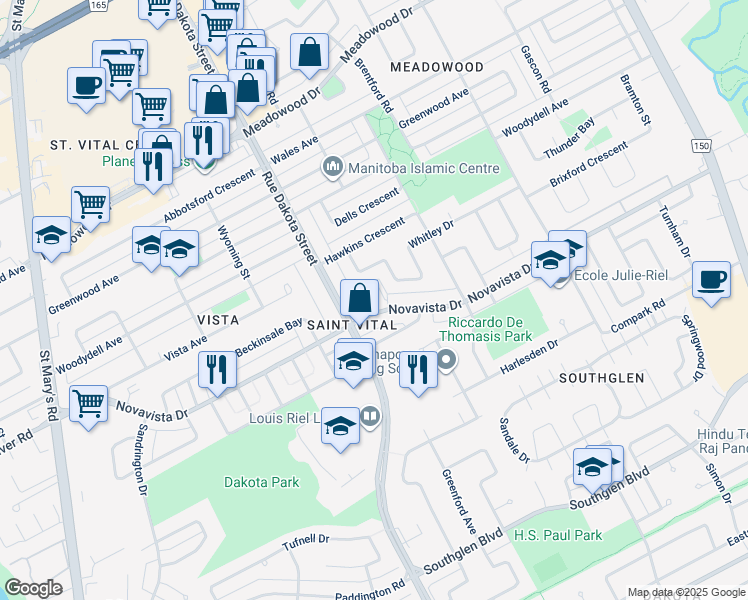 map of restaurants, bars, coffee shops, grocery stores, and more near 36 Whitley Drive in Winnipeg