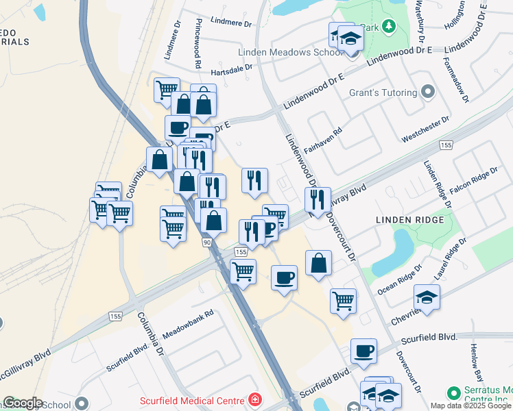 map of restaurants, bars, coffee shops, grocery stores, and more near 1665 Kenaston Boulevard in Winnipeg