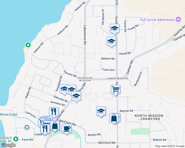map of restaurants, bars, coffee shops, grocery stores, and more near 633 Tomby Court in Kelowna
